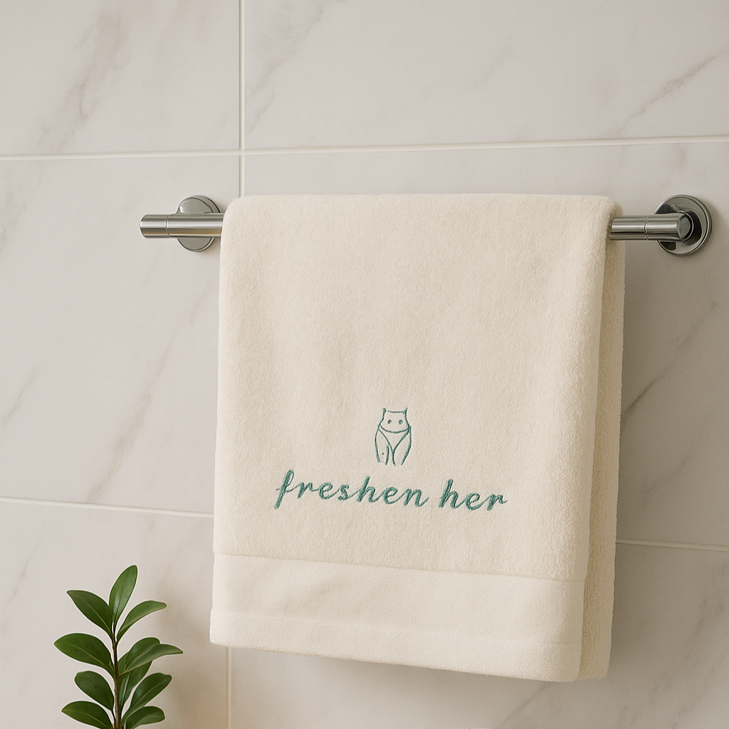 Towel with 'freshen her' branding hanging on a towel rack, next to a soap dish with soap and a candle.