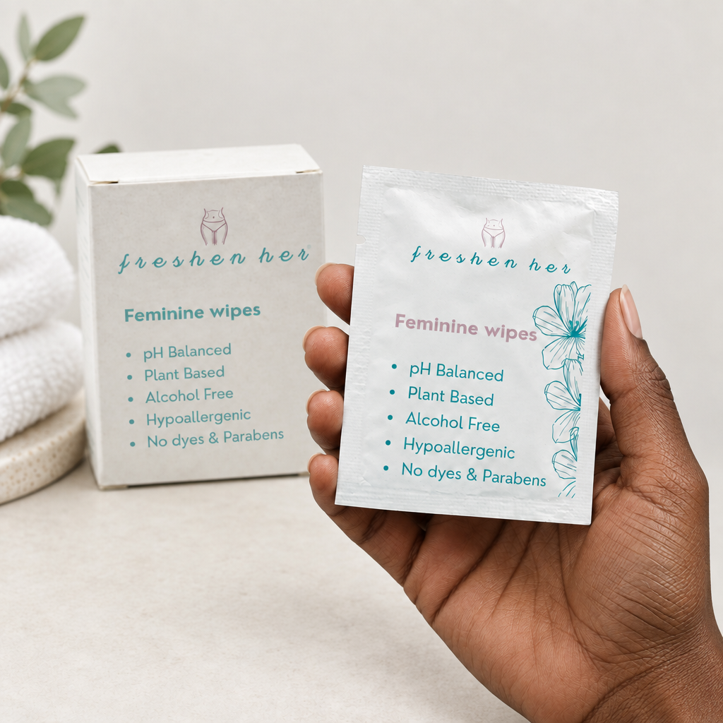 Black hand holding a Freshen Her feminine wipe packet beside its box on a neutral background