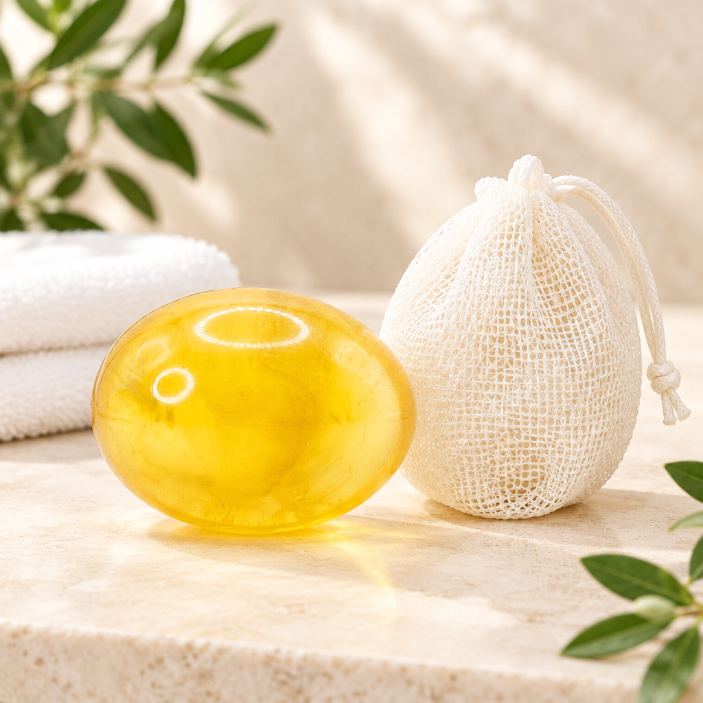 Egg Soap beside a white mesh bag